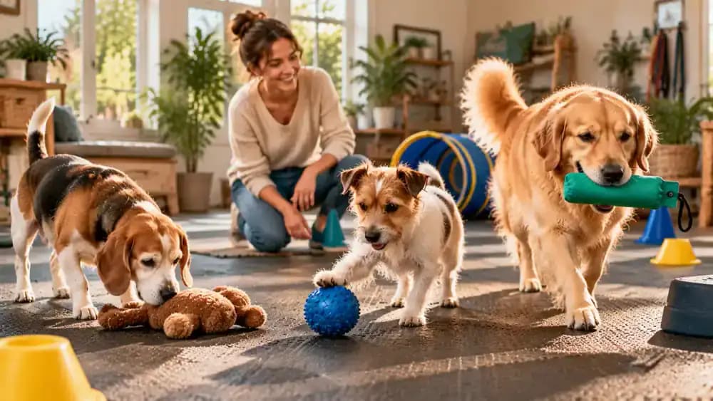 Senior beagle touching a plush toy with its nose, small terrier tapping a soft toy with one paw, and golden retriever picking up a lightweight toy.