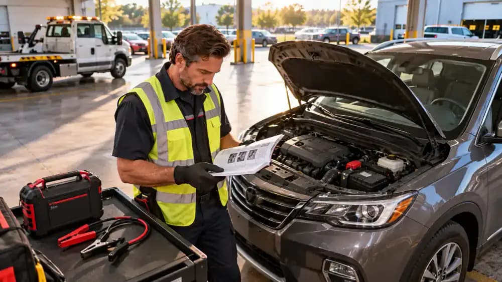 Roadside technician reviewing manufacturer instructions on a tablet beside a parked American crossover, with a portable jump starter left disconnected and unused.