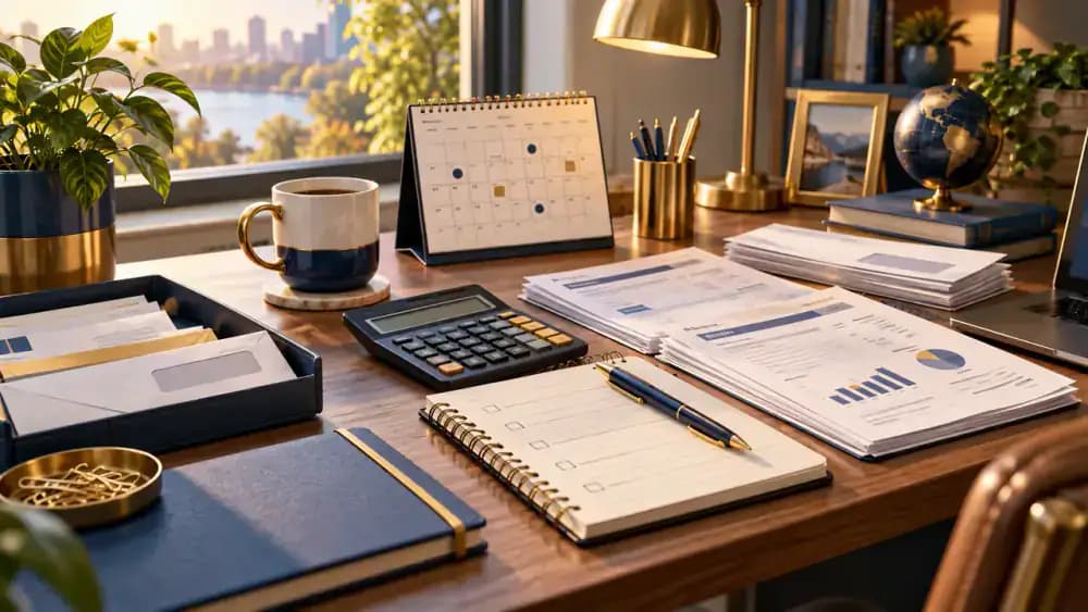 Organized household budgeting workspace with calendar, notebook, calculator, and banking records.