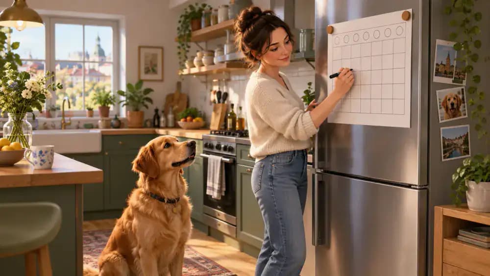 Owner marking five successful dog training repetitions on a chart attached to the refrigerator beside a dog food bowl.