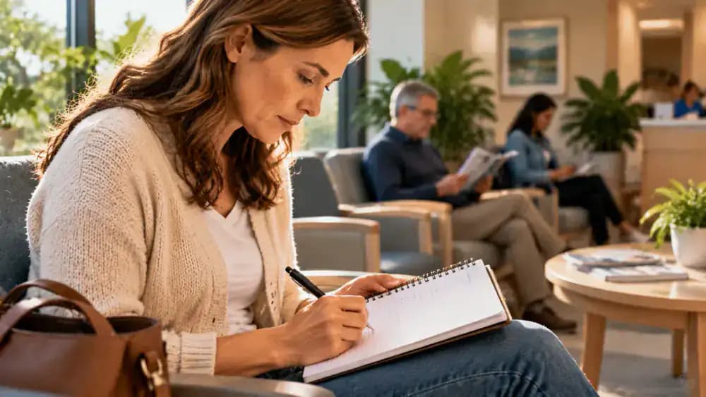 Patient filing a fictional specialist visit summary behind a Visit Summaries divider, adding the appointment date to a chronological index card, and placing a care team follow-up reminder in a separate pocket.