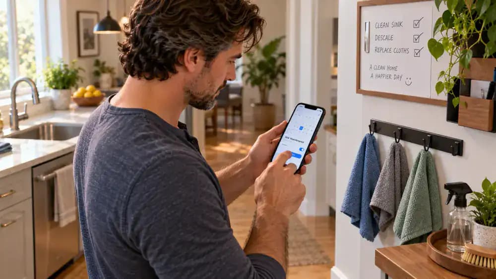 Homeowner setting a recurring kitchen sink maintenance reminder on a smartphone beside a magnetic weekly planning board, with manufacturer care instructions in a document holder and a clean microfiber cloth nearby.