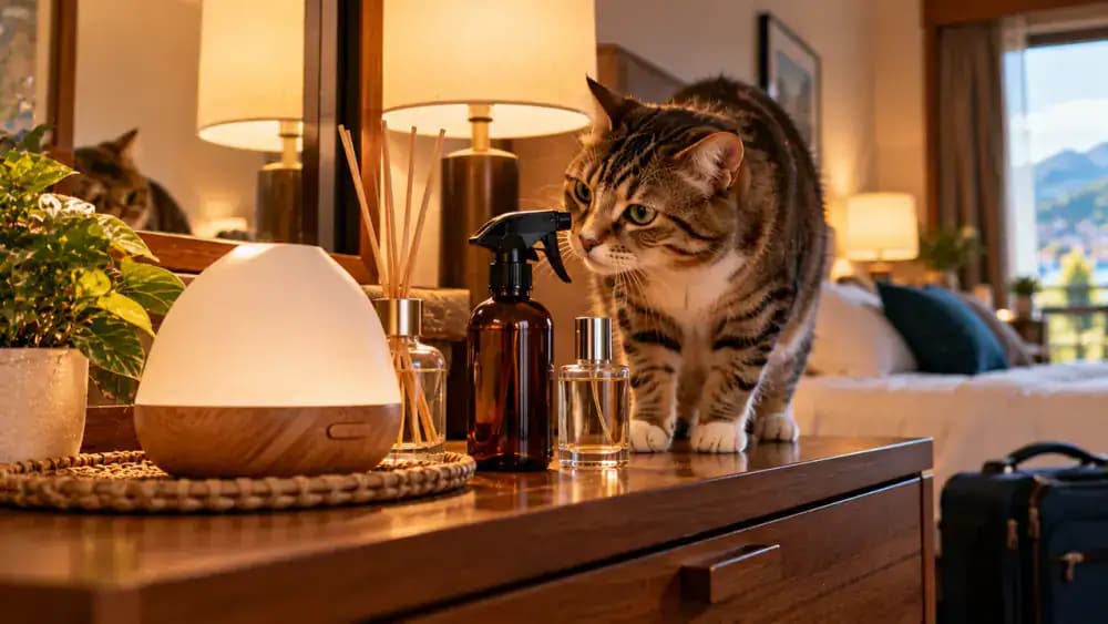 Traveler inspecting an essential oil diffuser, scented spray bottle, and automatic air freshener in a hotel suite while a tabby cat cautiously sniffs the air, followed by the owner requesting a fragrance-free room from reception.