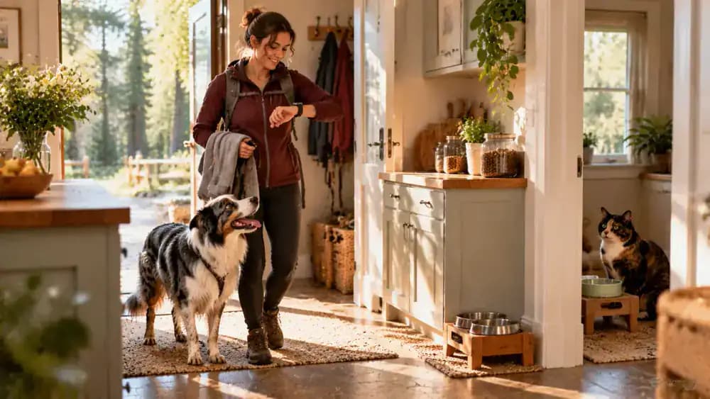 A woman returns from a morning walk with a relaxed Border Collie and checks a kitchen clock before preparing breakfast, while a tortoiseshell cat waits peacefully in a secluded feeding nook.