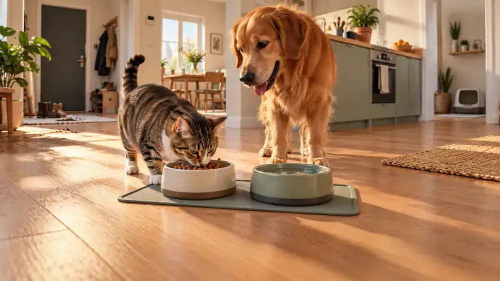 Food and water bowls placed on a wipeable feeding mat in a rental kitchen