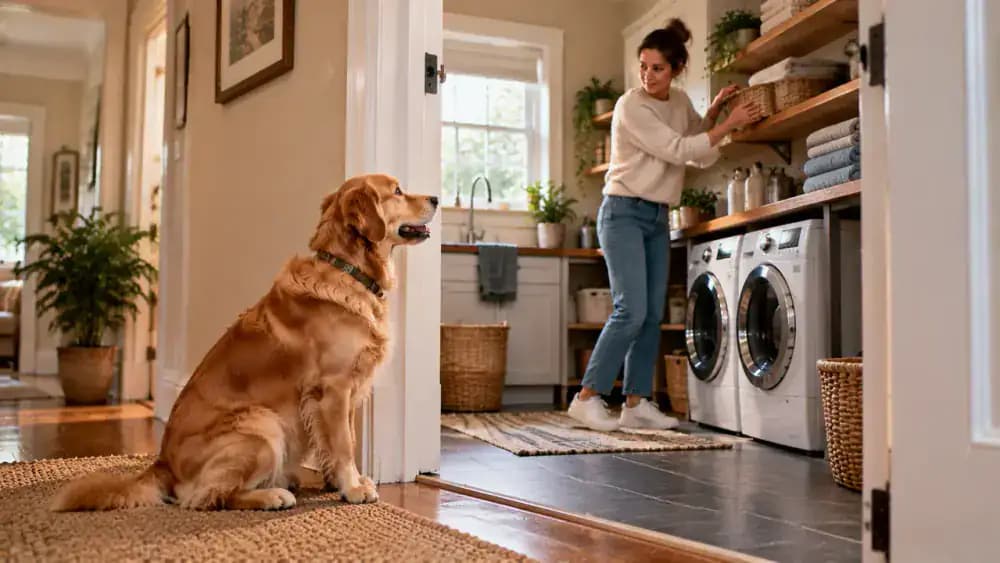 A young dog relaxes on a rug after gentle indoor play while its owner prepares treats and practices a brief, successful wait at a nearby doorway.