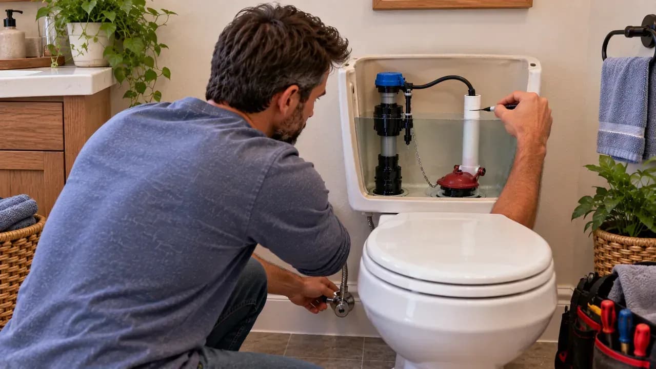 Person behind an open toilet tank making a final flush check, marking the settled water level below the overflow tube, inspecting the motionless fill valve, and checking the dry supply connection with a paper towel.