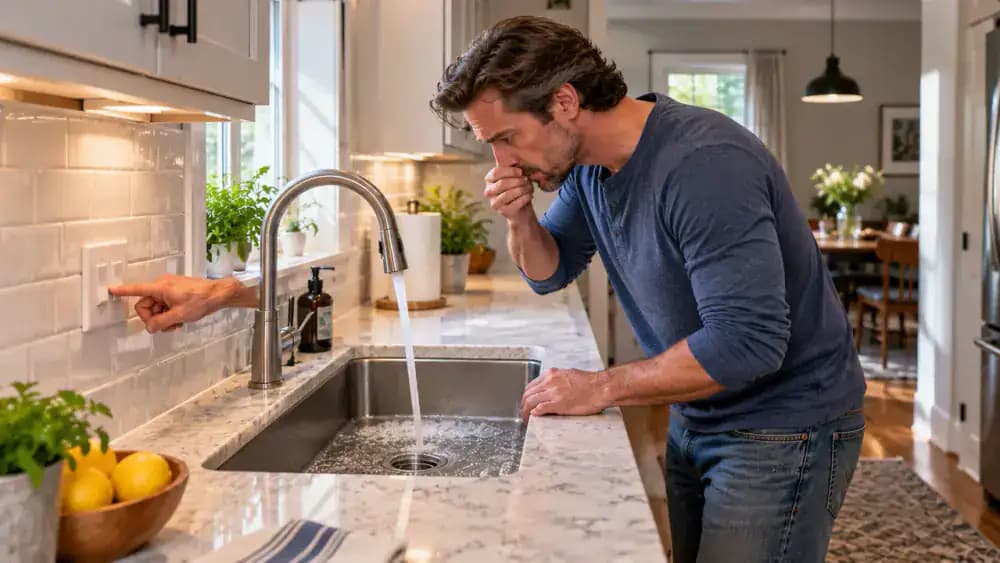 Homeowner beside a cleared kitchen sink after restoring the labeled disposal breaker, briefly running cool water and checking whether odor returns while the basin drains normally.