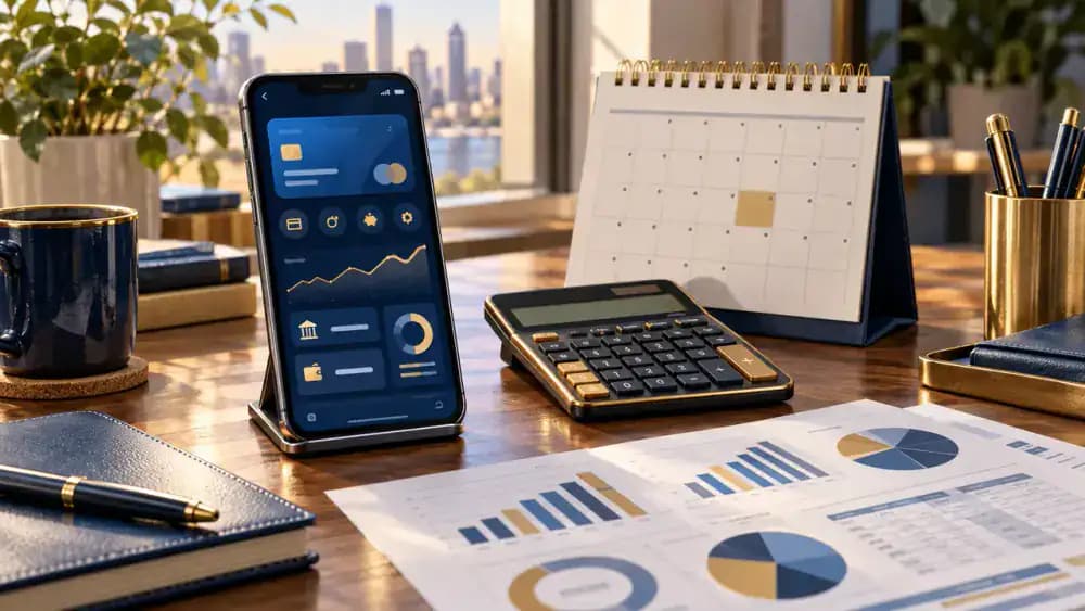 Digital banking payment setup beside a financial calendar