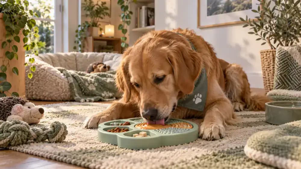 Dog relaxing with a simple familiar puzzle after a veterinary visit