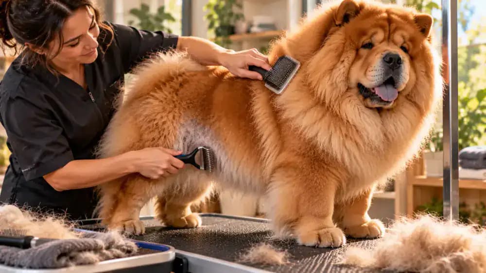 Large rectangular brush and compact soft brush displayed on an oak workbench while a groomer uses the smaller brush around a Singapura cat's shoulder and front leg, with a Newfoundland dog resting nearby.