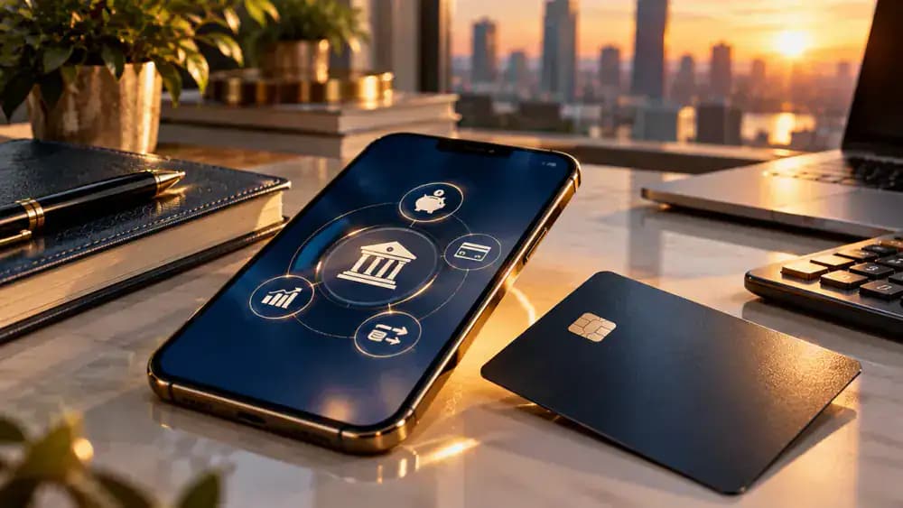 Smartphone displaying an abstract banking interface beside a debit card representing electronic payment authorization.