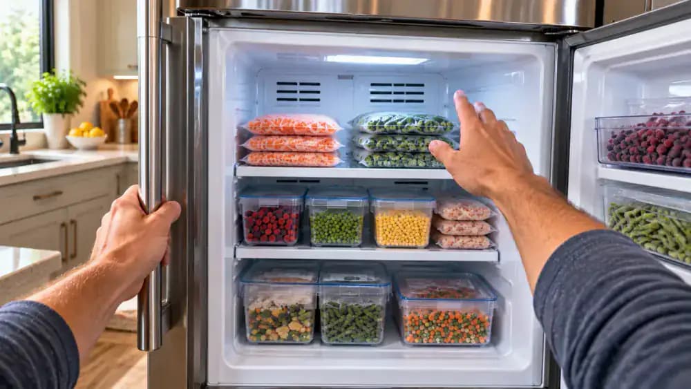 Homeowner opening a freezer door and checking interior walls, shelves, and airflow areas for frost patterns or spills during normal use