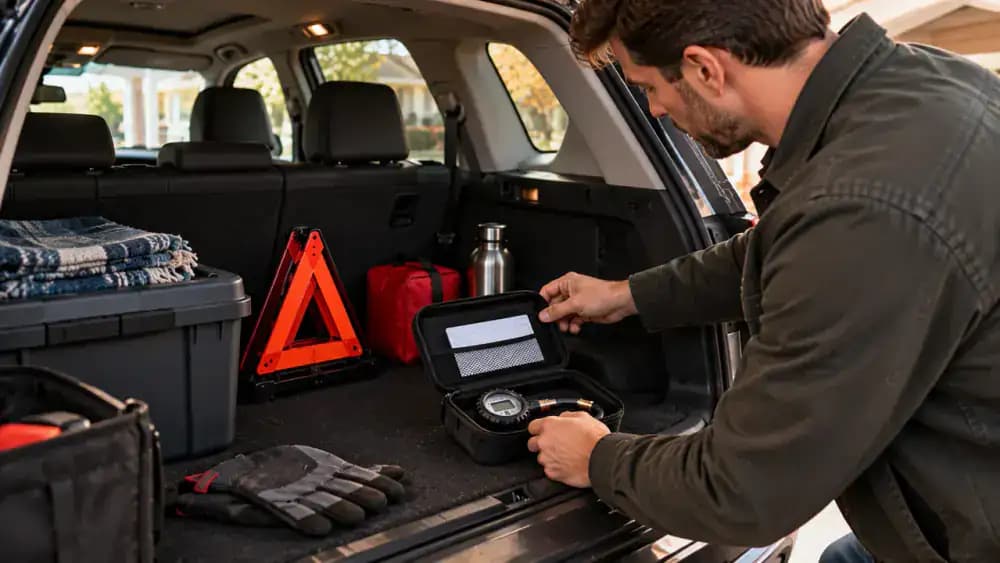 Open crossover cargo area showing a secured automotive storage pouch with a digital tire pressure gauge and a reference card for recommended front and rear cold PSI.
