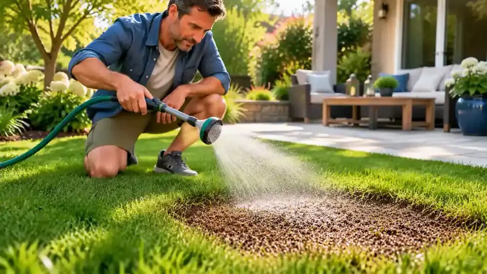 Homeowner using a fine-spray watering wand to gently moisten a freshly seeded bare lawn patch without creating puddles or disturbing the seed.