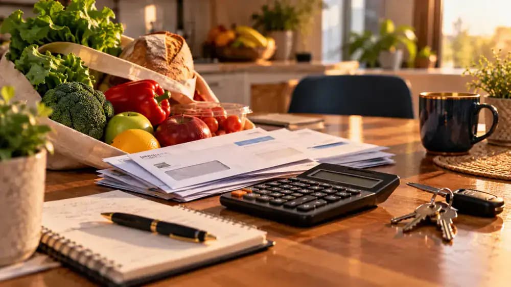 Household budget workspace with groceries, house keys, utility envelopes, and calculator.