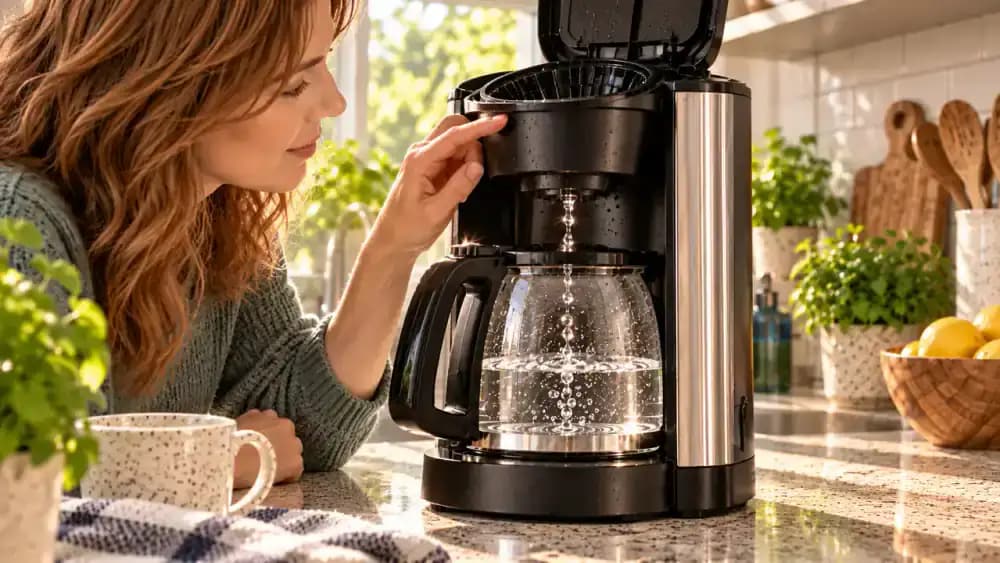 Hand placing a coffee maker manual and home water hardness report beside separate reminder cards for descaling and washing coffee-contact parts