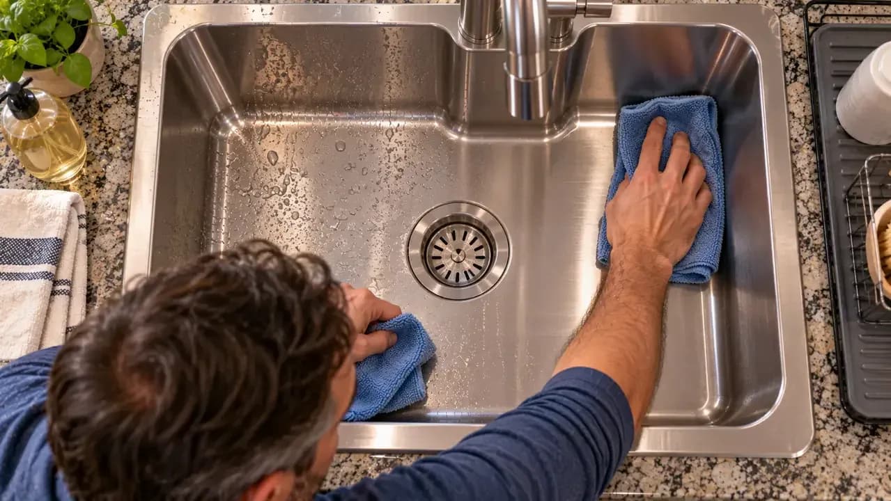Adult homeowner drying a freshly rinsed stainless steel sink basin with a folded microfiber towel, wiping downward with the grain and rotating to a dry section.