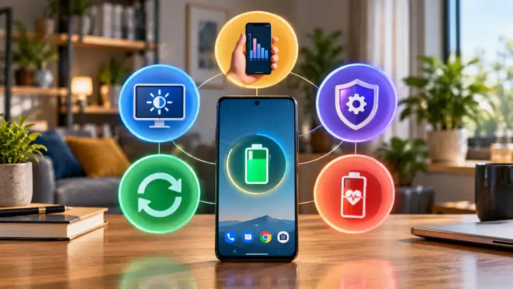 Android smartphone on a studio pedestal beside a monitor displaying five numbered battery troubleshooting checks: Battery usage, Display settings, App permissions, Battery Saver and updates, and Results and battery health.