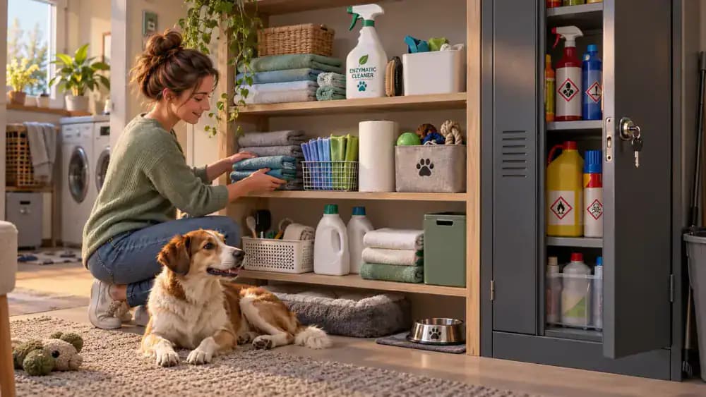 Cleanup station with enzymatic cleaner, towels, cloths, and locked chemical storage