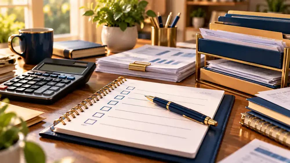 Blank checklist with pen, calculator, and carefully organized debt account records.