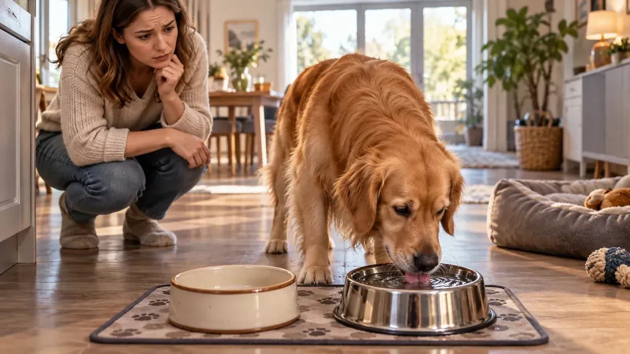Owner preparing to take a distressed large dog to an emergency veterinary clinic