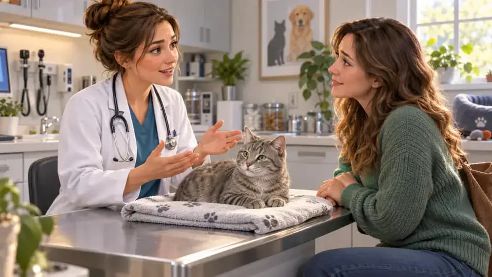 Gray tabby cat sitting on a soft towel on a veterinary examination table while a veterinarian gently observes the cat and speaks with its concerned owner. An open carrier sits nearby.