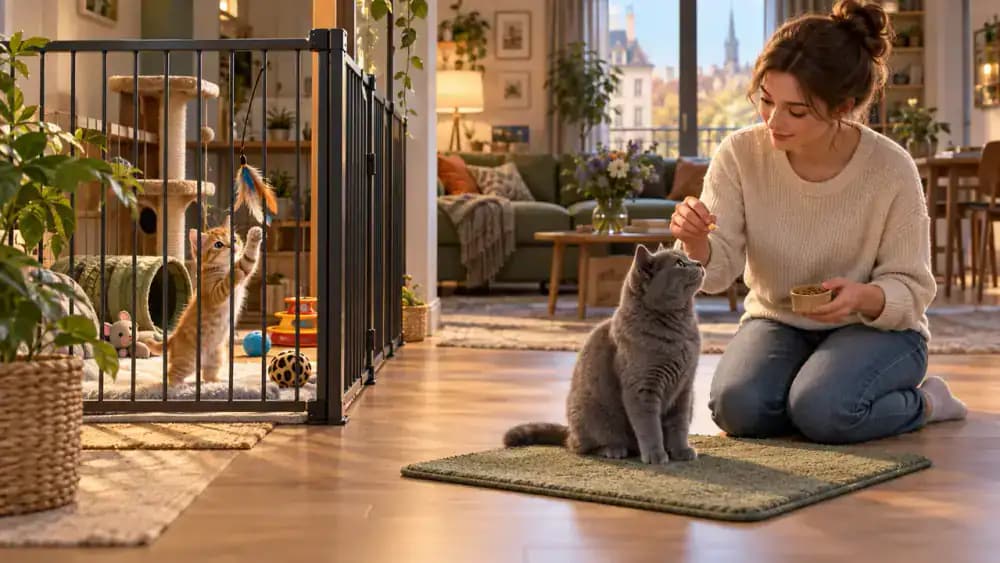 A playful young ginger cat trains on a mat behind a tall secured interior barrier in one room, while an older blue-gray cat cautiously approaches a soft training station with encouragement from another adult in a separate quiet room.