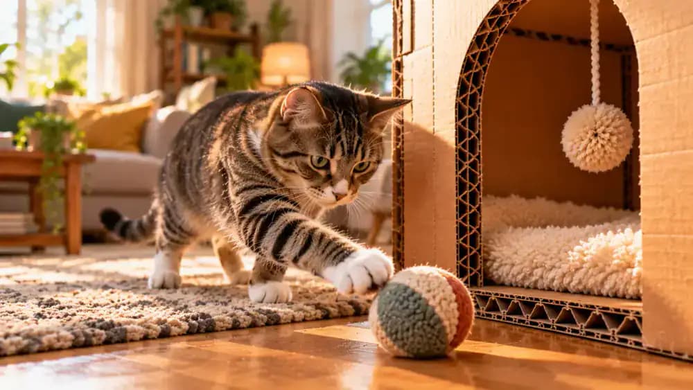 Tabby cat sitting outside a cardboard maze doorway while its owner gently rolls a soft fabric ball across the floor, prompting the cat to watch and reach toward it.