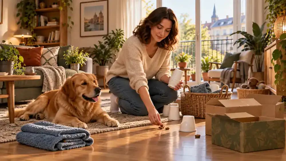 Dog relaxing after completing a short indoor scent game