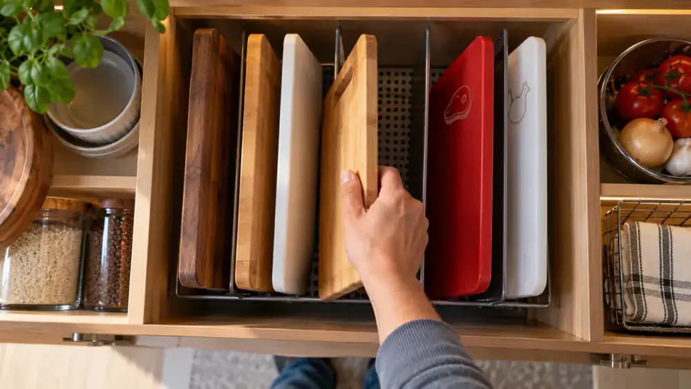 Top-down view of a hand checking a dry cutting board with a white cloth before placing it upright in a ventilated wire organizer beside a separately stored raw-meat board.