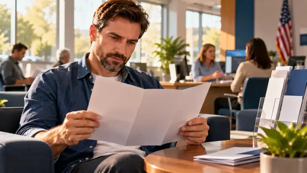 Consumer reading a plain financial education brochure in a modern public information office.