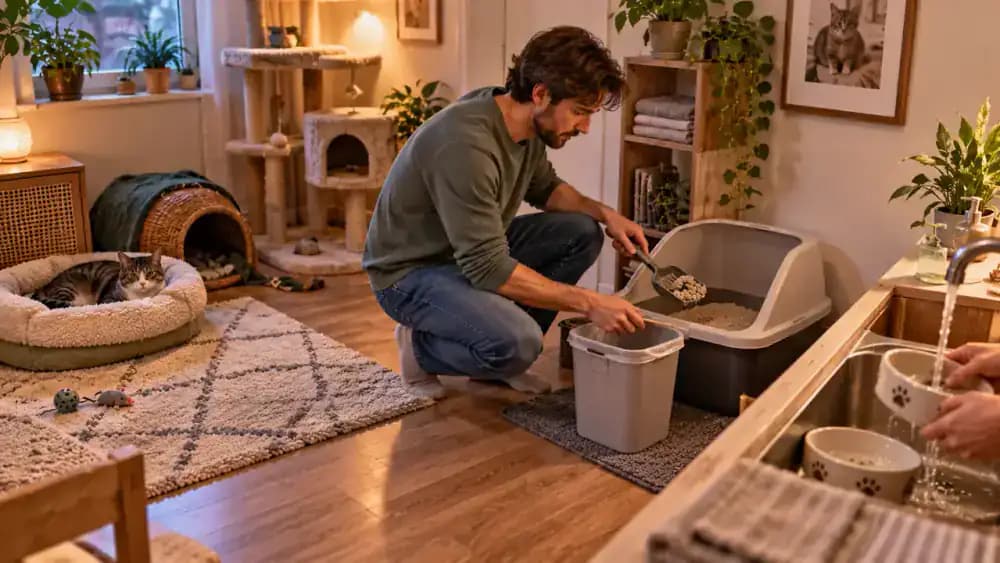Confident cat eating grooming playing and moving around its starter room