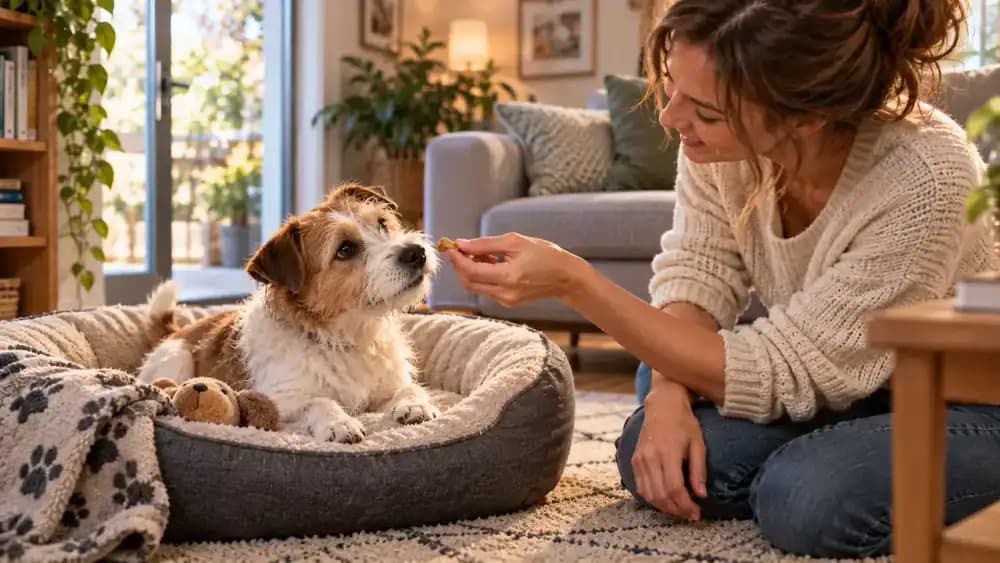 Freshly bathed terrier resting comfortably on its familiar bed in a cozy living room while its owner offers a treat.