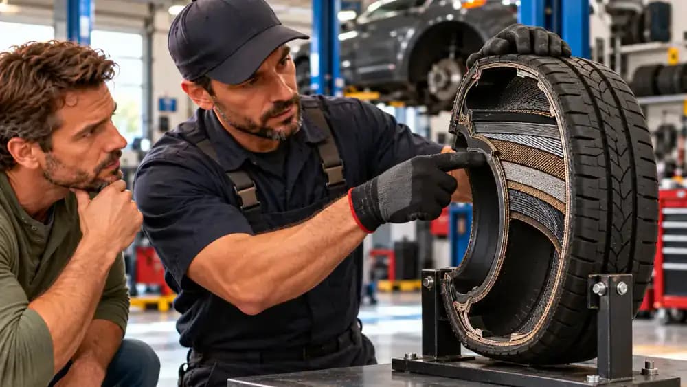 Tire instructor pointing to the internal reinforcing belts and body plies of an educational cutaway tire model while a vehicle owner observes in an automotive workshop.