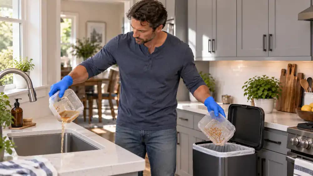 Gloved person comparing two unused trash liners beside a kitchen trash can and fitting the properly sized bag with slack at the corners and material folded over the rim.