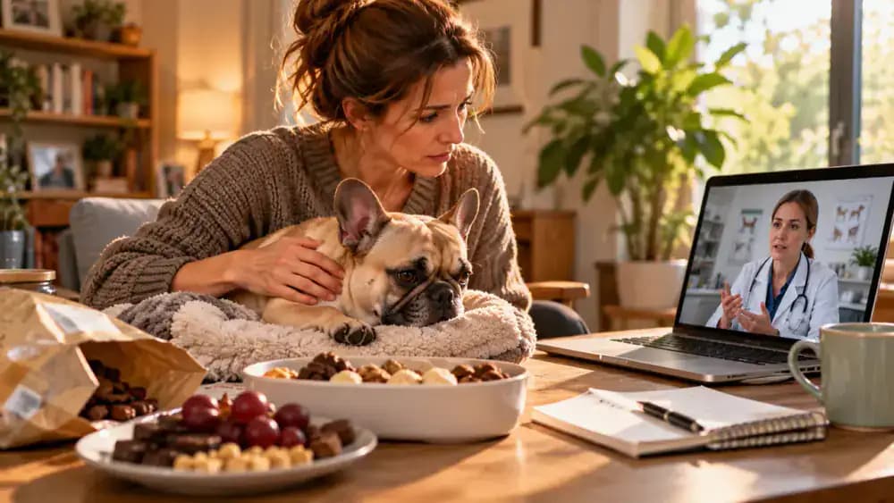 Concerned owner speaking with a veterinarian by phone in a softly lit home study while a mildly uncomfortable French Bulldog rests on a padded bed beside a feeding diary and a closed container of unfamiliar treats.