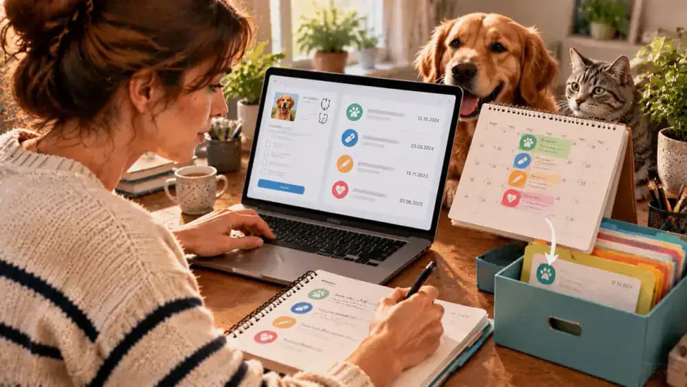 Pet owner entering a dated veterinary recommendation into a digital change log, recording the reason and instructions, and moving an outdated calendar entry into an archive folder.