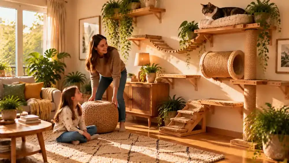 Parent showing a young child how to observe a cat resting on an elevated perch without reaching for it while a visiting relative keeps the cat's descent route clear.