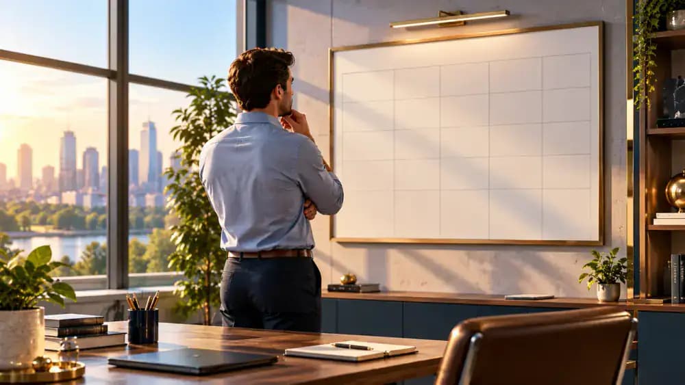 Professional studying a blank planning board in a bright office, representing a financial protection strategy tailored to individual circumstances.