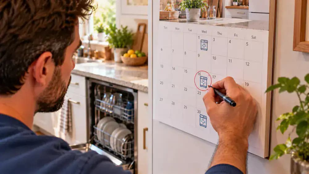 Person writing a dishwasher inspection reminder on a wall-mounted household maintenance calendar, reviewing a checklist for interior walls, rack edges, filter area, and spray arm openings, and recording chalky residue found during a visual inspection.