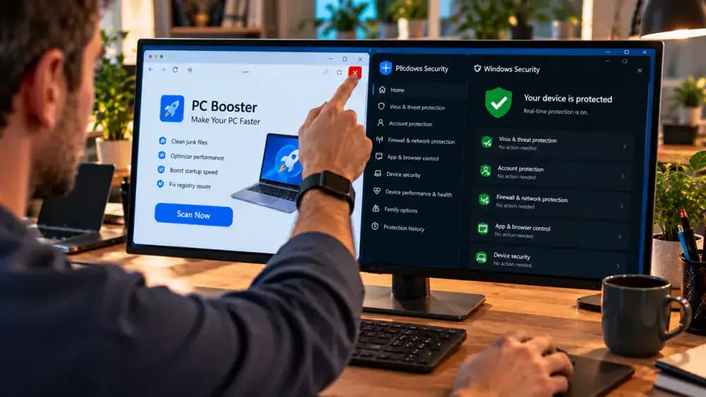 Split-screen Windows 11 desktop showing a fictional PC speed booster advertisement being closed on the left and Windows Security with real-time protection enabled on the right.