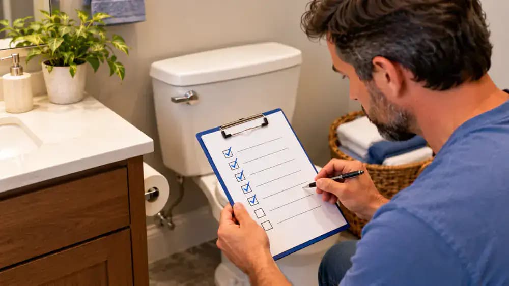 Homeowner writing a toilet maintenance checklist on a notepad resting on a closed white toilet tank, with reminders to listen for unexpected refilling, check flush handle movement, and inspect for moisture, alongside a warning against harsh chemical tank tablets.
