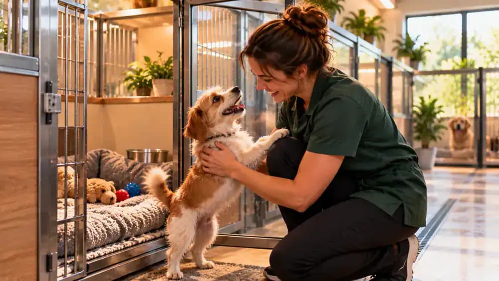 Calendar comparing an overnight boarding reservation with a longer holiday stay, followed by a small dog greeting a familiar caregiver and returning to its usual accommodation while staff review preference records.