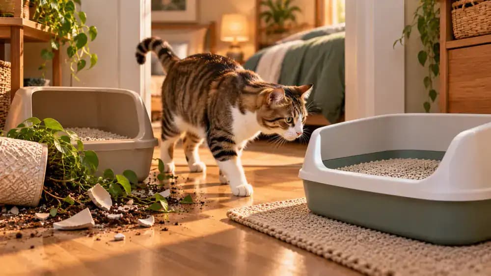 Cat hesitating near a litter box after a lightweight object falls nearby, followed by an owner providing a second tray in a quiet room where the cat explores and uses it calmly.