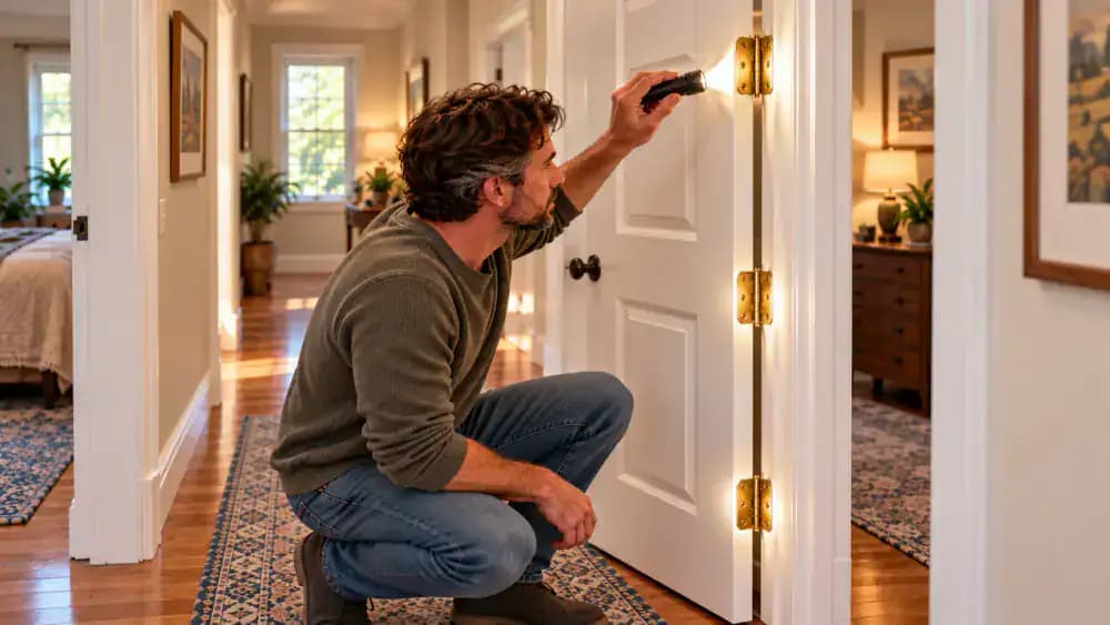 Homeowner gently pulling a brushed nickel lever handle on a partially open white interior door in an American home hallway, checking latch-side clearance for rubbing during opening and closing.