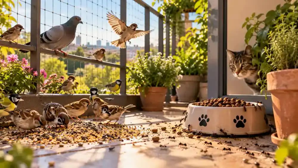 Apartment balcony with scattered birdseed and an unattended food bowl attracting birds and ants, followed by an owner removing food remnants, wiping surfaces, and storing pet treats in a sealed container.