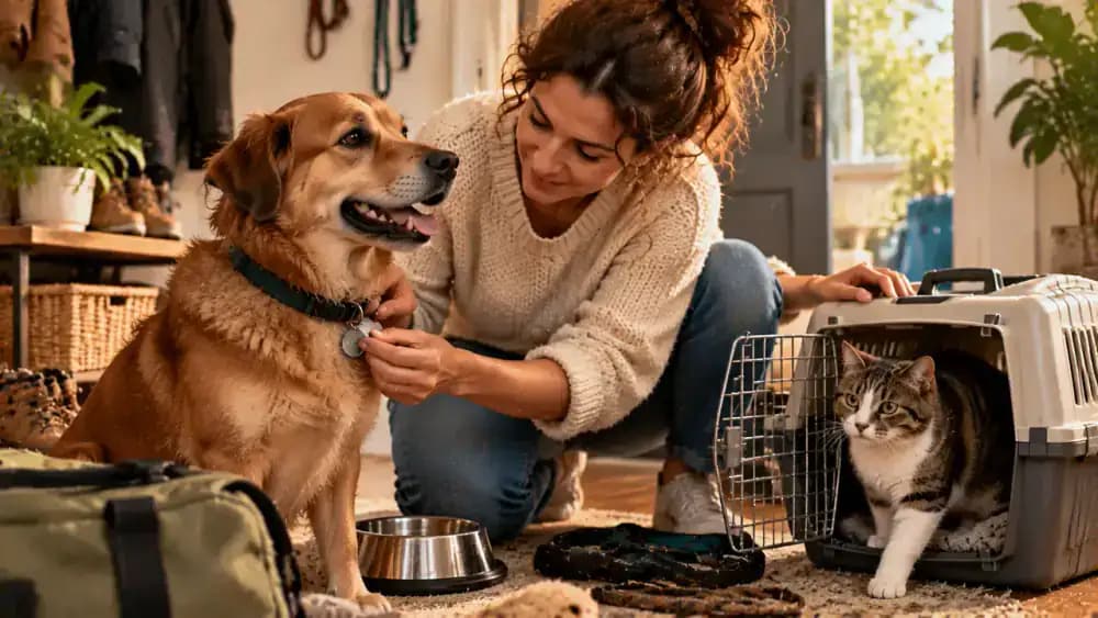 Owner checks a dog's identification tag against current microchip contact details, secures a cat inside a carrier, and reviews local pet access rules on a smartphone before visiting a public park.