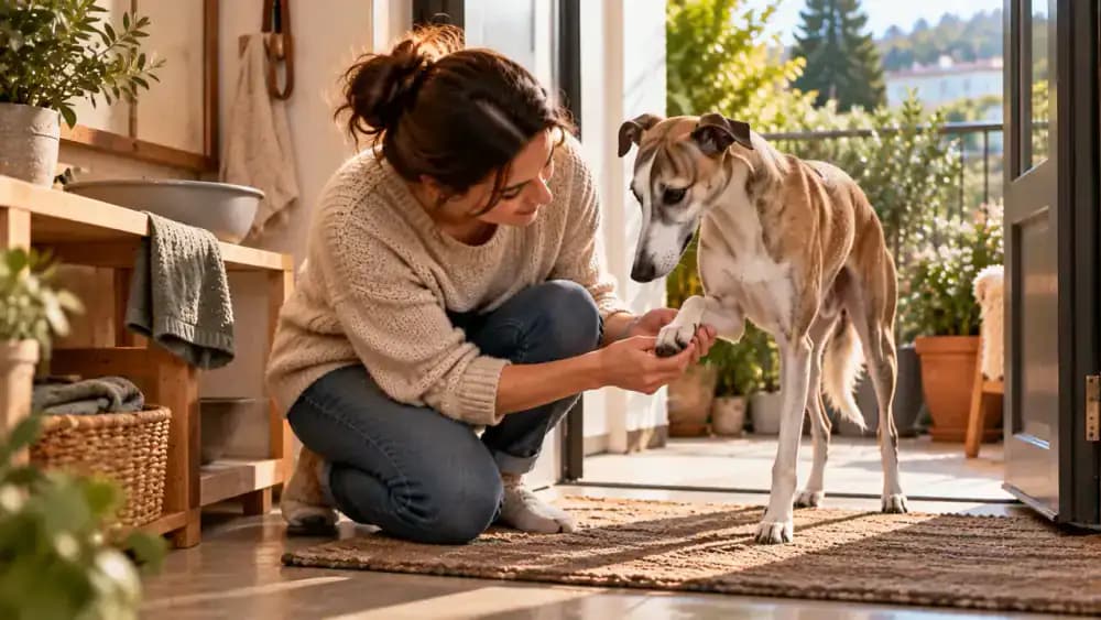 Tan whippet standing on a sunlit apartment balcony entrance while its owner inspects a clean, dry front paw, with an unused water basin and folded towel nearby.