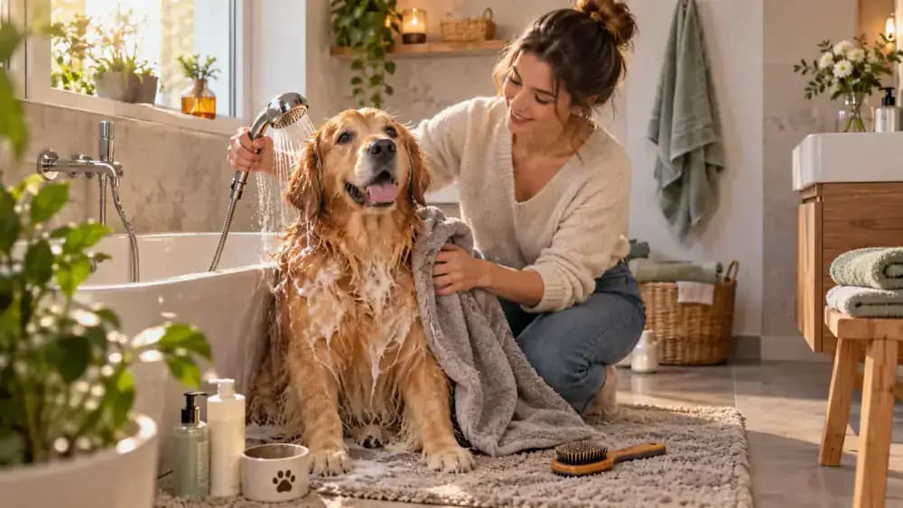 Dog being gently bathed with pet-specific shampoo and brushed after drying